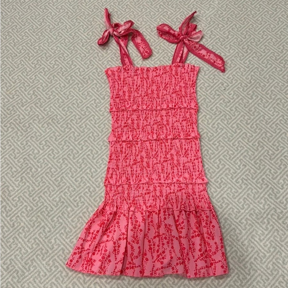 Smocked Pink Floral Dress with Bow Straps